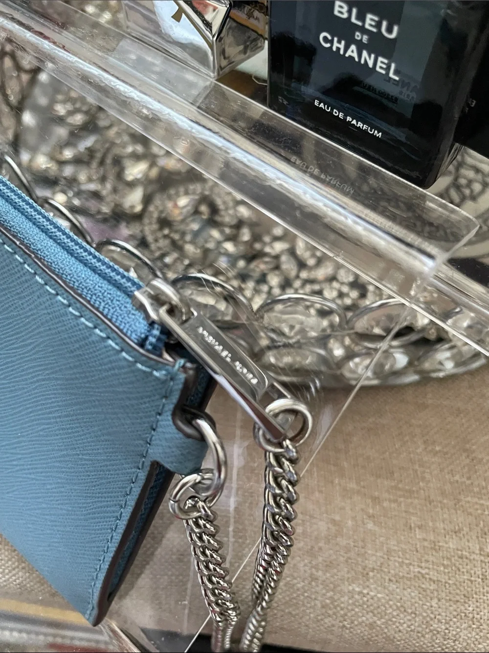 ✨MK Blue Leather Wallet Clutch with Silver Chain Strap✨Preloved